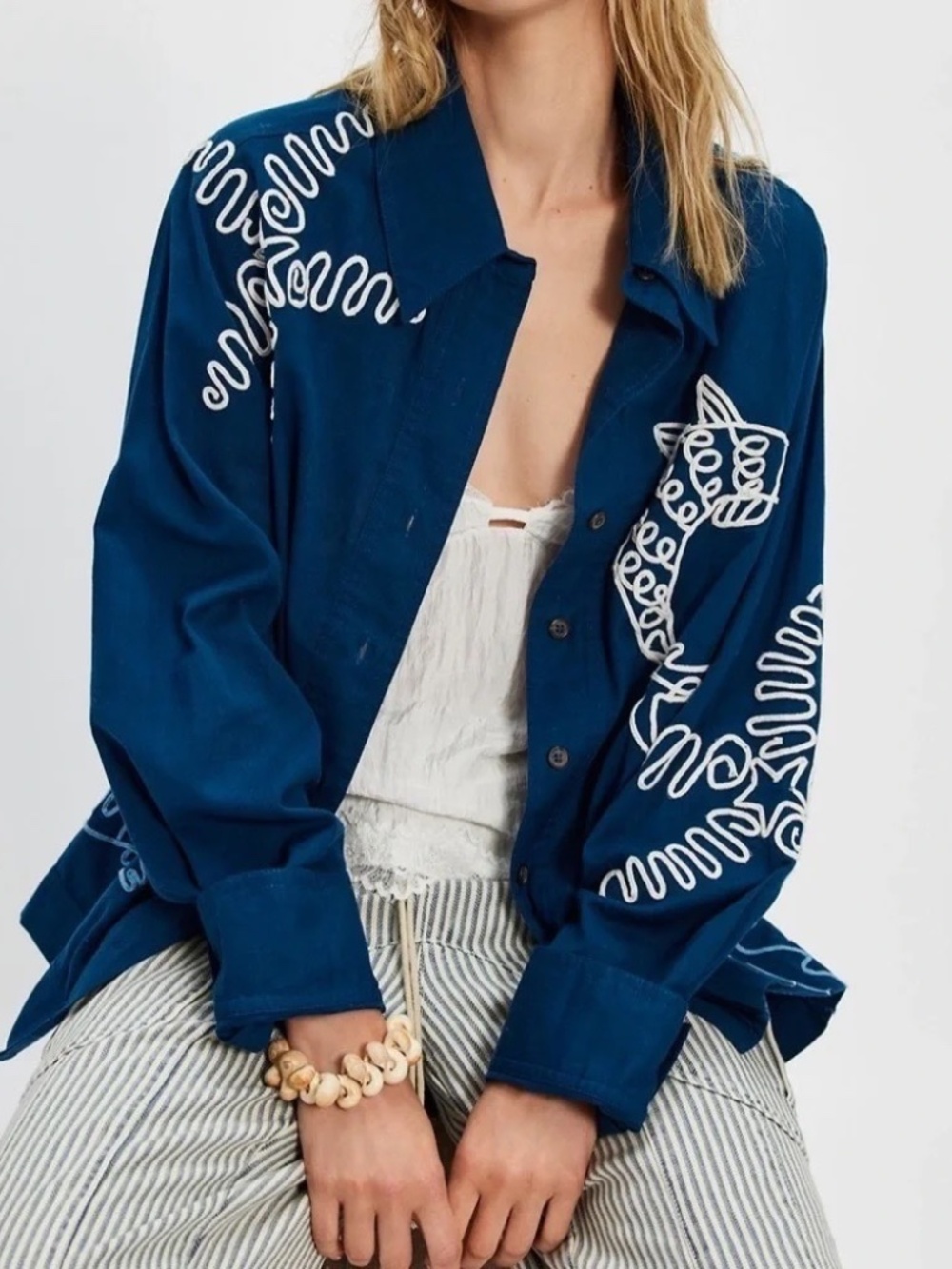 NWT Free People Tidal Stitch Shirt in Sailor Blue Combo SZ XS